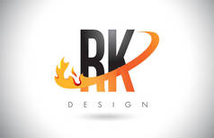Rk R K 字母标志用火火焰设计和橙色旋风.