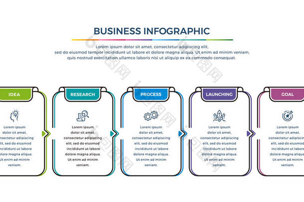 业务信息图设计，有 6 个流程选择或步骤。为您的企业设计元素，如报告、小册子、工作流等。带有选项颜色和简单图标的信息图设计.