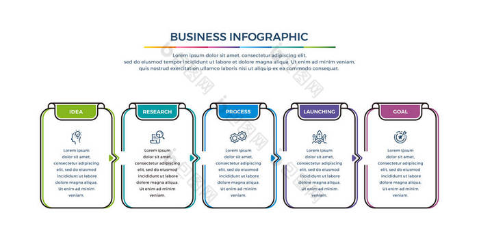 业务信息图设计，有 6 个流程选择或步骤。为您的企业设计元素，如报告、小册子、工作流等。带有选项颜色和简单图标的信息图设计.