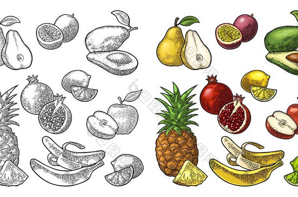 设置水果。菠萝, 石灰, 香蕉, <strong>石榴</strong>, maracuya, 鳄梨.