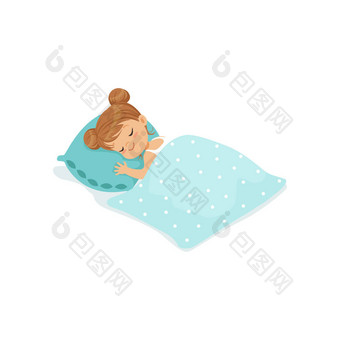 可爱的小女孩睡在她床上的卡通人物矢量图图片