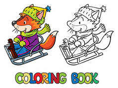 有趣的狐狸骑在雪橇或雪橇上。着色书