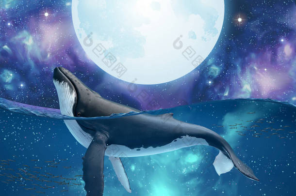 超现实的座头鲸特务跳出来观看神秘宇宙中银色的超级月亮，3D图解