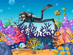 潜水员潜水在美丽的礁石插图