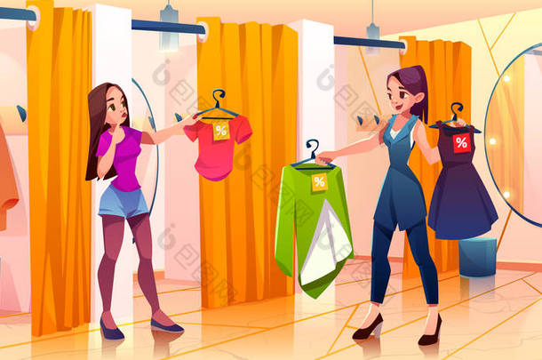 女人在试衣间在商店里穿衣服