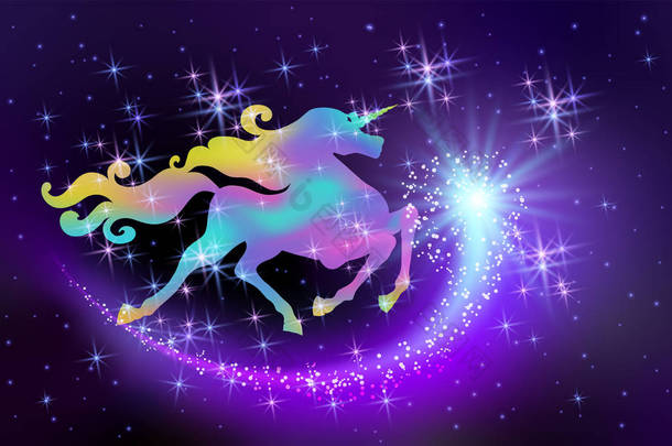 星光灿烂的天空和飞驰的彩虹独角兽与豪华蜿蜒的毛在幻想宇宙的背景下与闪烁的星星和飞行的彗星