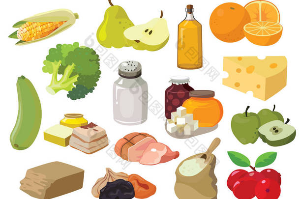 水果、蔬菜、脂肪、肉、谷类、雏菊产品