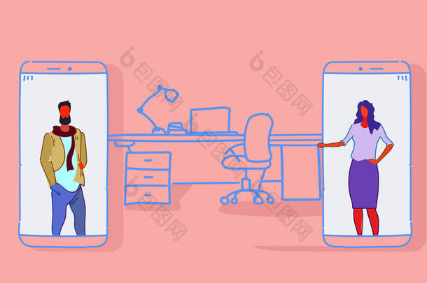男子妇女聊天从智能手机屏幕关系远程在线聊天概念夫妇使用互联网移动应用程序工作场所办公室内部水平草图
