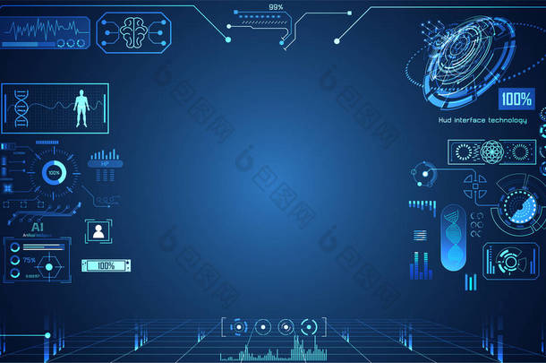 抽象技术 ui 未来概念界面全息图元素数字<strong>数据图</strong>、通信、计算和圈子百分比<strong>科技</strong>未来设计背景的生命力创新