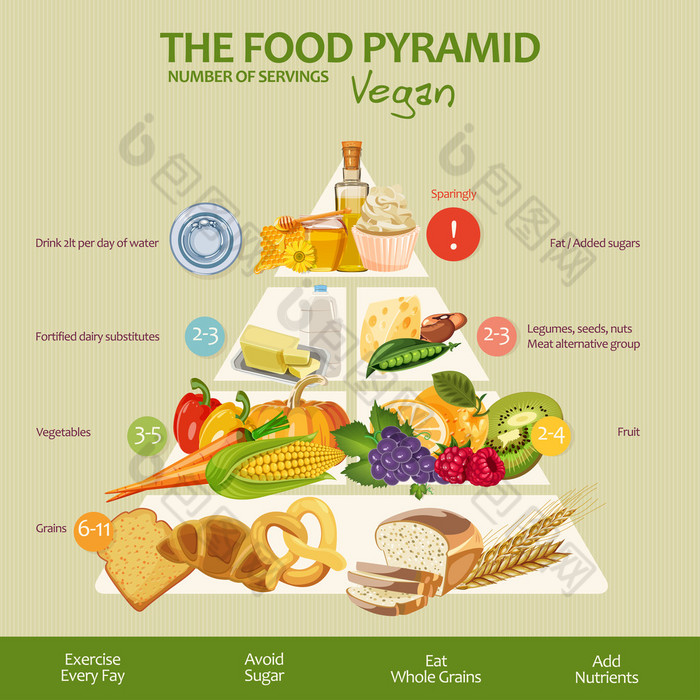 食物金字塔健康素食者饮食信息图。健康生活方式的建议。产品图标