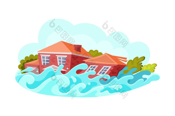 自然灾害和洪水。房屋被毁，水涨<strong>船</strong>高。灾变、灾难、自然破坏和环境破坏