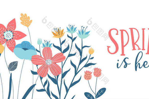 春佳节贺卡插图,色彩艳丽的野花,背景孤寂.手绘自然花卉装饰概念.