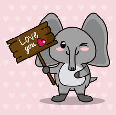 粉红色的背景与心剪影和可爱的可爱动物大象站在木标志爱你和心脏