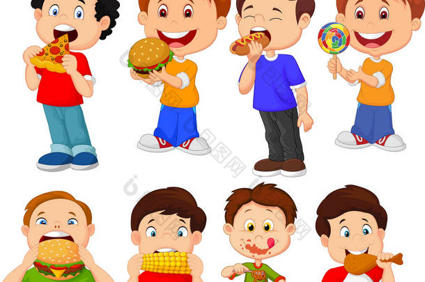 收集的卡通小男孩吃快餐