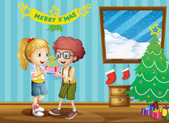 两个可爱的孩子们交流他们的圣诞礼物