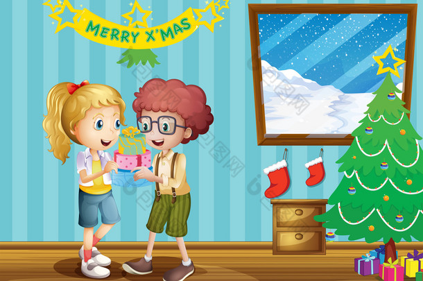 两个可爱的孩子们交流他们的圣诞礼物