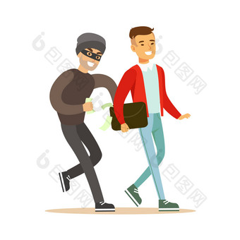 小偷试图偷笑的人的钱。姹紫嫣红的卡通人物矢量图图片