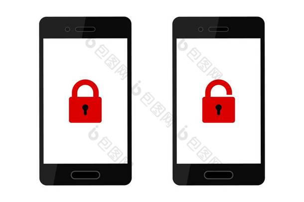 现实地设置解锁电话和锁定电话，智能手机屏幕上的红色锁<strong>图标</strong>