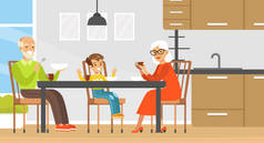 奶奶、爷爷和孙子一起吃饭、喝茶、聊天，一家人一起坐在餐桌旁漫画书