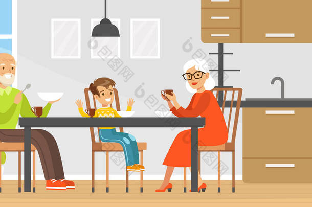 奶奶、爷爷和孙子一起吃饭、喝茶、聊天，一家人一起坐在<strong>餐桌</strong>旁漫画书