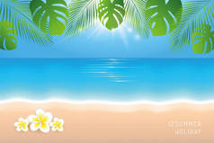 阳光明媚的一天在海滩上暑假背景与弗兰吉帕尼热带花卉