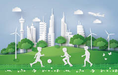 生态概念与男孩踢足球在城市公园, 纸艺术和数字式工艺风格.