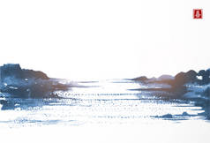 以亚洲风格手绘苏米墨水勾画的带湖景的蓝色风景.传统东方水墨画苏美，苏新，高华。象形文字-禅的翻译.