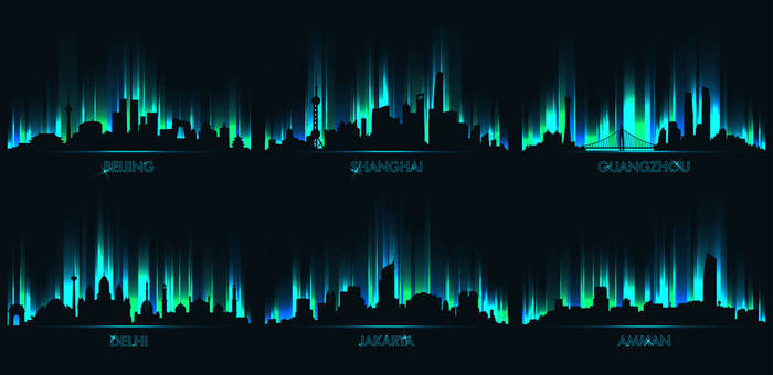 霓虹灯城市天际线，北京、 上海、 广州、 德里、 雅加达、 安曼