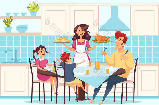 有孩子的家庭坐在餐桌前，人们一起吃饭的概念