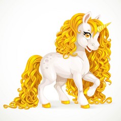 与金色的头发，白色后背上孤立的白色神话般独角兽