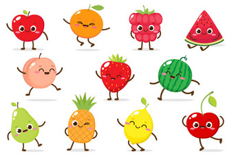 可爱的卡通苹果，覆盆子，草莓，西瓜，菠萝，桃，橙子，梨子，樱桃和柠檬。卡通水果角色集。平淡风格的有趣的情感。食品情感载体说明图片