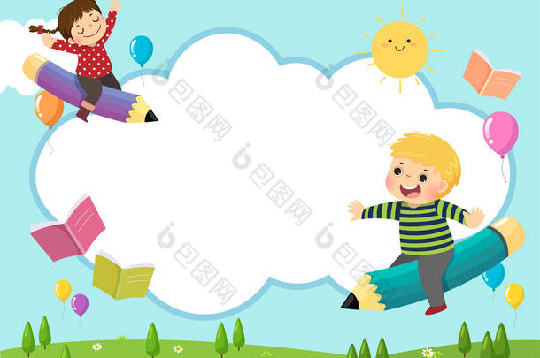 回到学校背景的概念，快乐的学童骑着一支飞舞的铅笔在空中飞舞.