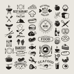 食品标识设置。餐厅，复古的设计元素、 标志、 徽章、 标签、 图标和对象