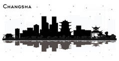 长沙市天际线轮廓与黑色建筑和映像隔离在白色上.7.说明。现代建筑的旅游理念。长沙市具有地标的景观.