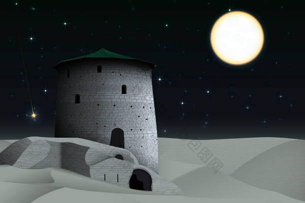 夜的风景与老塔和毁坏的<strong>墙壁</strong>在沙漠, 在<strong>星空</strong>与明亮的满月和下落的星