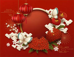 空白的中国新年背景, 牡丹和红灯笼装饰