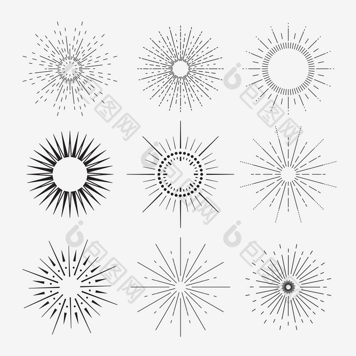 9 艺术装饰复古 sunbursts 集合与光线的几何形状。在不同形状的老式 sunbursts 一套.