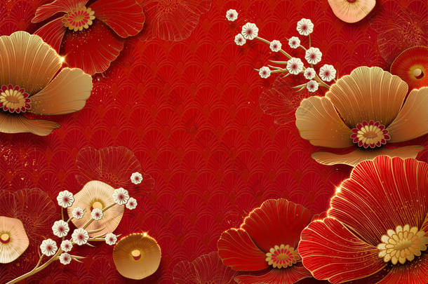 纸艺术红色背景上的花和梅花