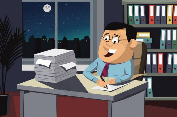 有趣的人忙着加班工作夜主题与月亮和星矢量
