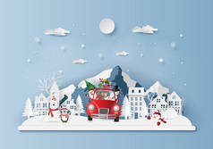 纸艺, 村里圣诞红色汽车的工艺风格, 圣诞快乐, 新年快乐