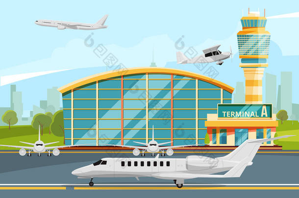 机场航站楼与控制塔的现代建筑。与飞机跑道