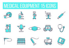 医疗设备系列图标设置。蓝色。图解检查、 MRI 、 X光、超声波机、口罩、注射器.