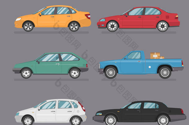  详细说明了六部扁平风格的彩色汽车.汽车图标设置.