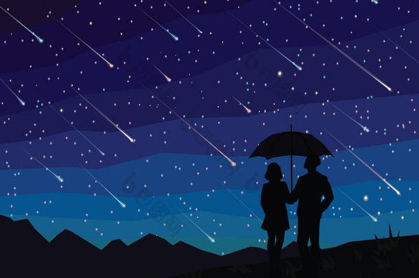 星落。夫妇在一起看流星的伞下的剪影。繁星点点的夜空。流星雨.