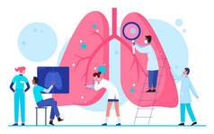 医生科学家们在实验室里研究肺器官保健医学概念扁平的载体图解.肺病学，诊断，疾病治疗。内部器官检查.