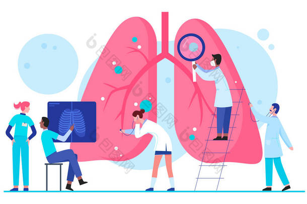 医生科学家们在<strong>实验室</strong>里研究肺器官保健医学概念扁平的载体图解.肺病学，诊断，疾病治疗。内部器官检查.