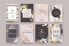 一套小册子，封面，卡与异国情调的棕榈叶，百合，灰色和金色水彩纹理。婚礼卡设计.