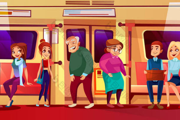 地铁中的人们青年男女不让位给站在地铁上的老年老人和妇女让座, 在拥挤的列<strong>车上</strong>手持的社会问题概念.