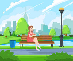 年轻女子拿着书, 在公园的长凳上休息。在公园里看书。公园的阅读活动. 
