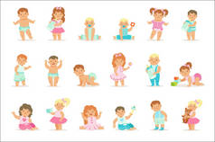 可爱笑脸婴儿和幼儿中蓝色和粉红色的衣服，做第一步，爬行和玩的插图集